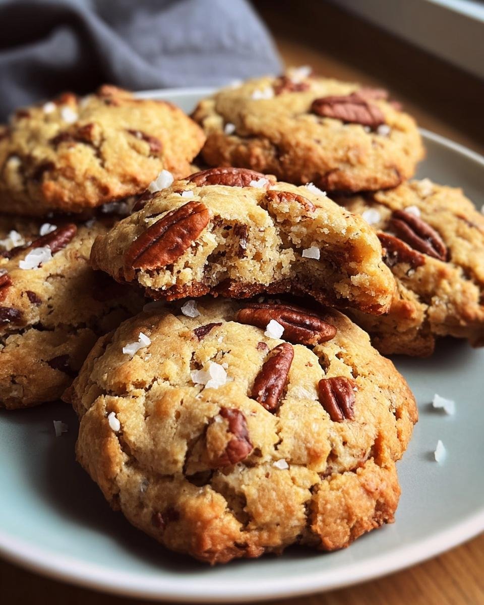 A plate of freshly baked Keto Pecan Softies, one broken in half to show the chewy texture.