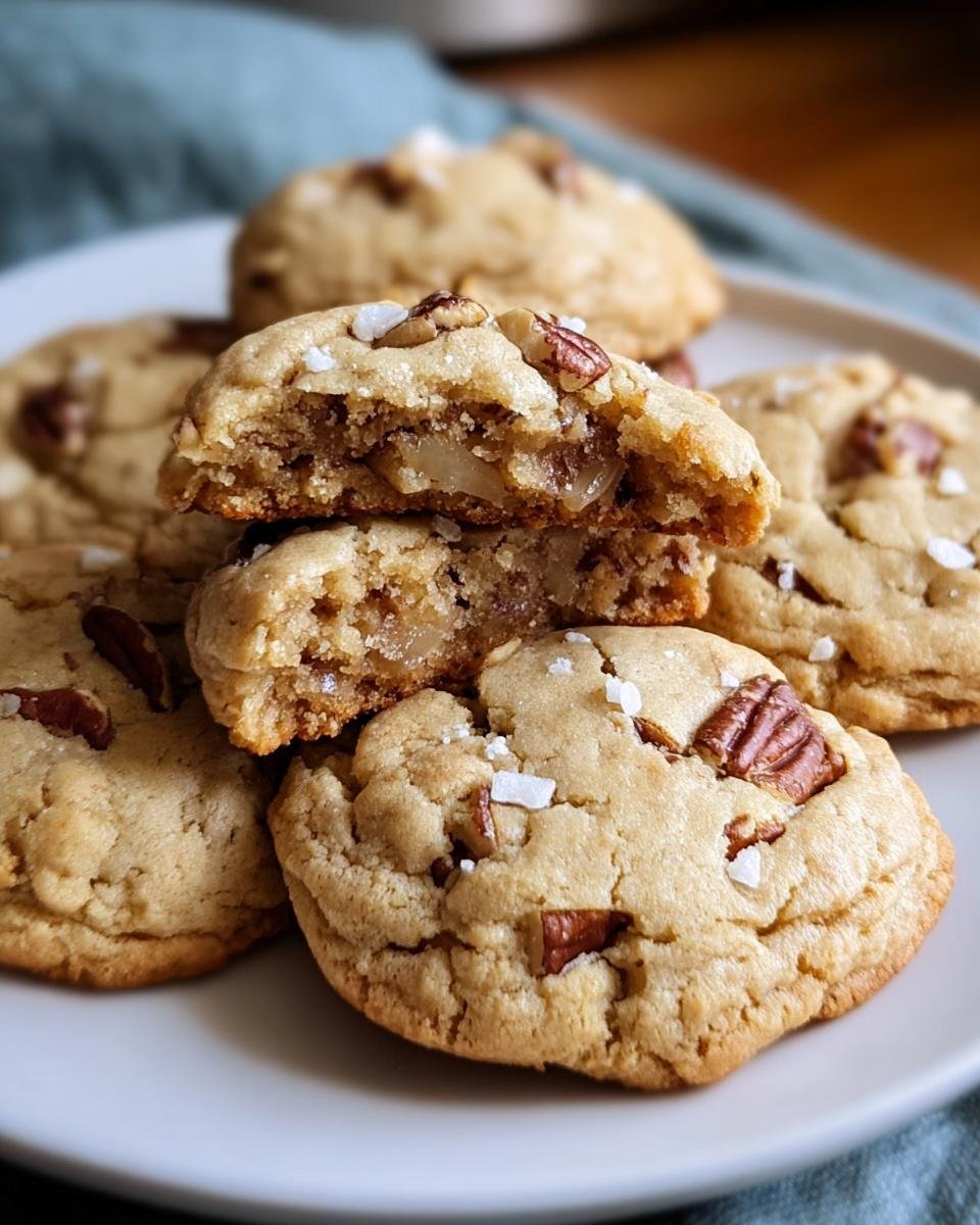 A plate of Keto Pecan Softies, one broken in half to show the chewy inside, topped with pecans and sea salt.