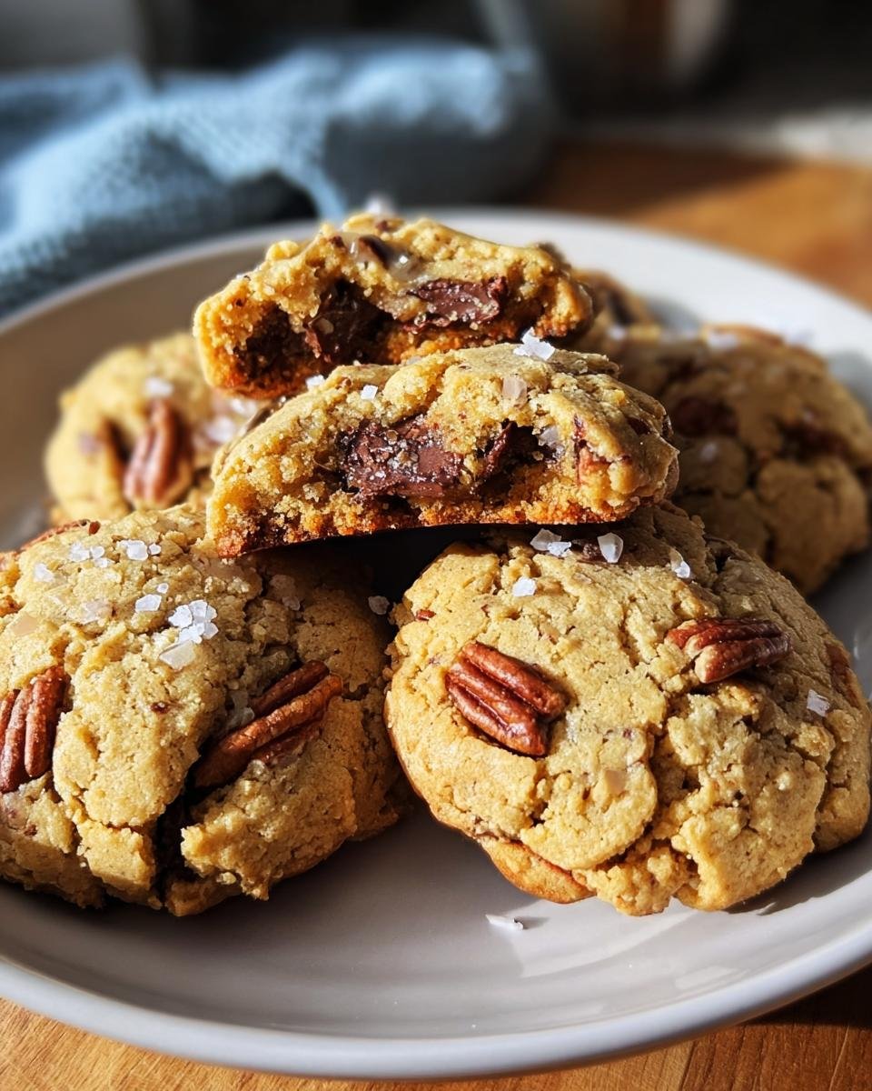 A stack of Keto Pecan Softies cookies, one broken in half to show the soft, chewy center.