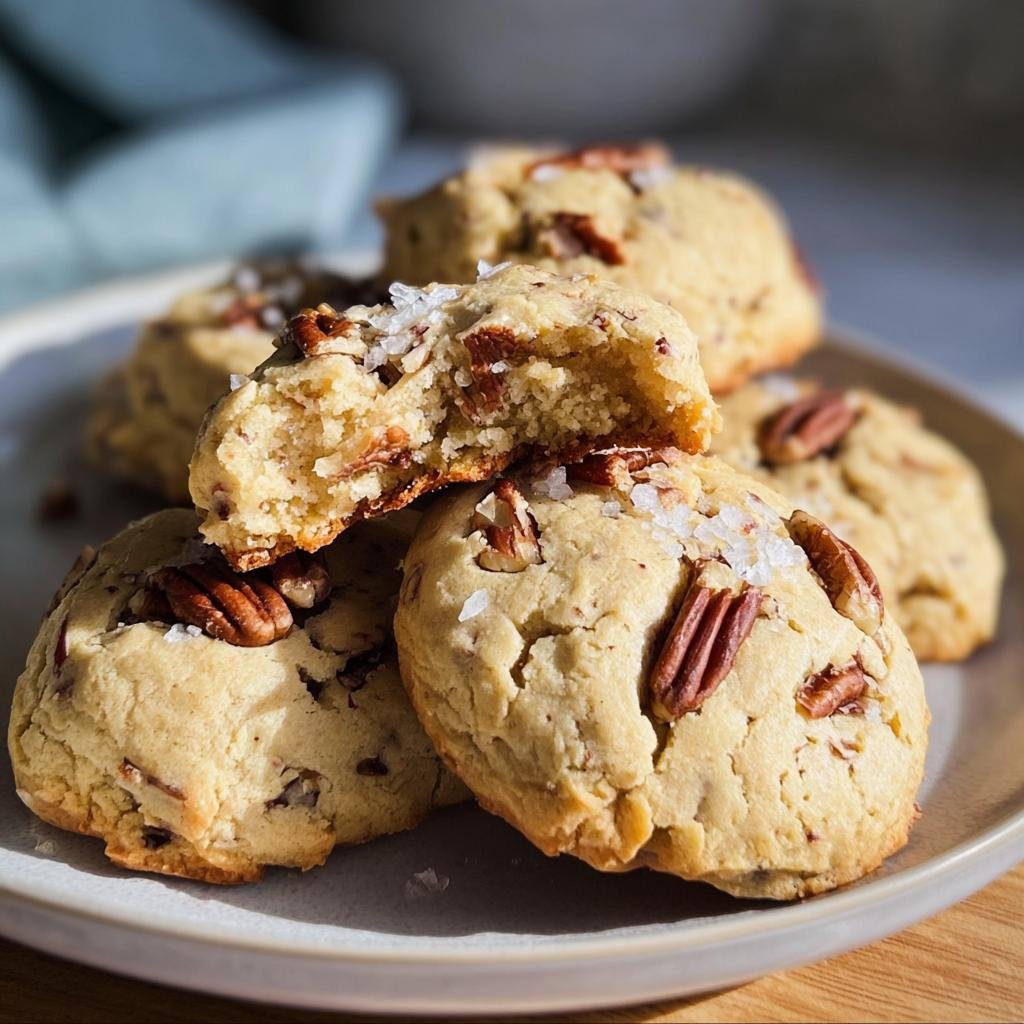 A stack of Keto Pecan Softies on a plate, one broken to show the soft interior. Topped with pecans and sea salt.