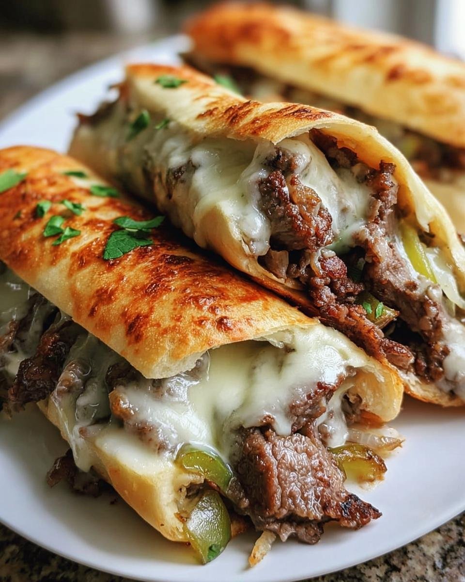 Close-up of Keto Philly Cheesesteak Rolls with melted cheese, sliced steak, and peppers on a white plate.