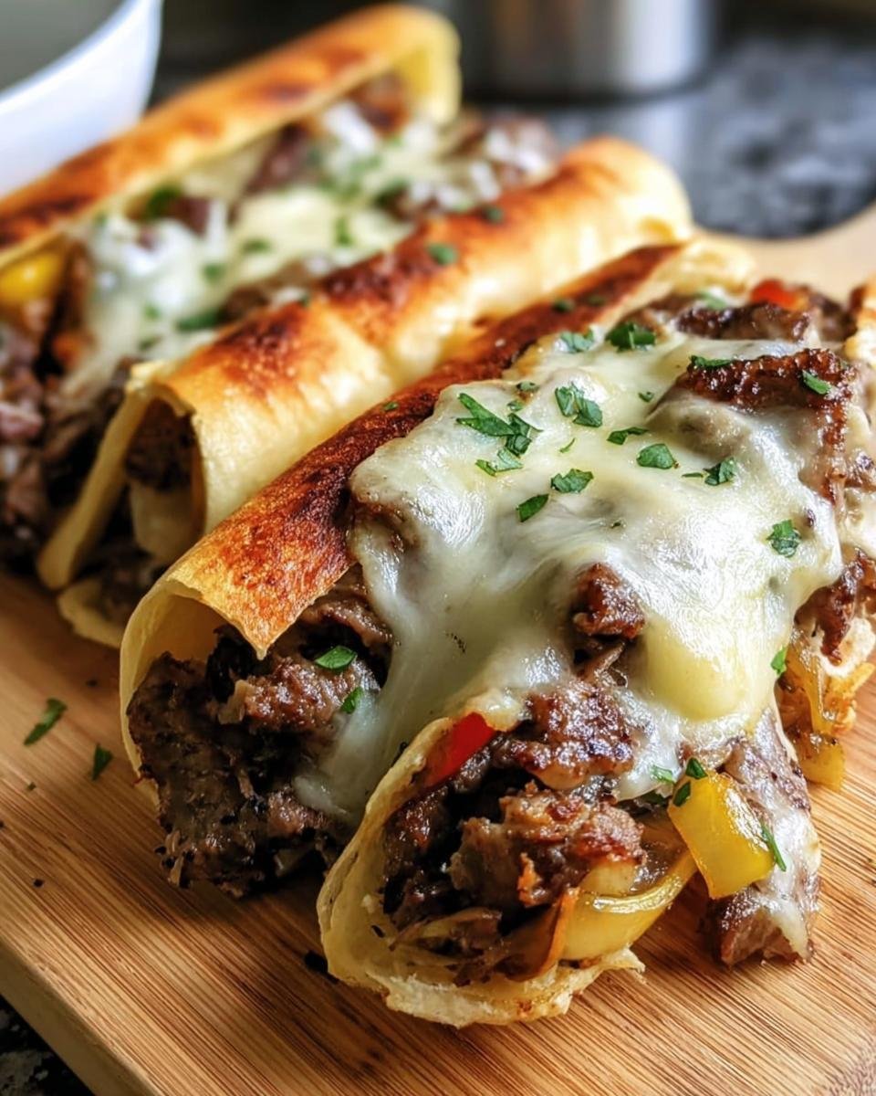 Three Keto Philly Cheesesteak Rolls on a wooden board, topped with melted cheese and parsley.