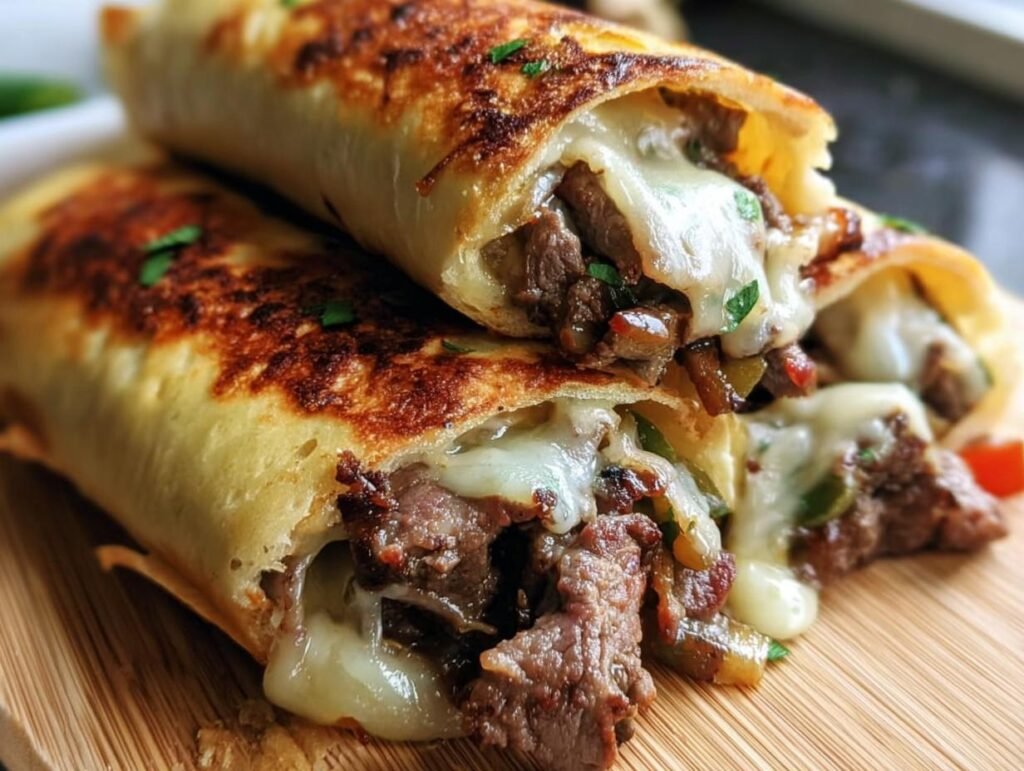 Two Keto Philly Cheesesteak Rolls stacked, filled with steak, peppers, onions, and melted cheese.