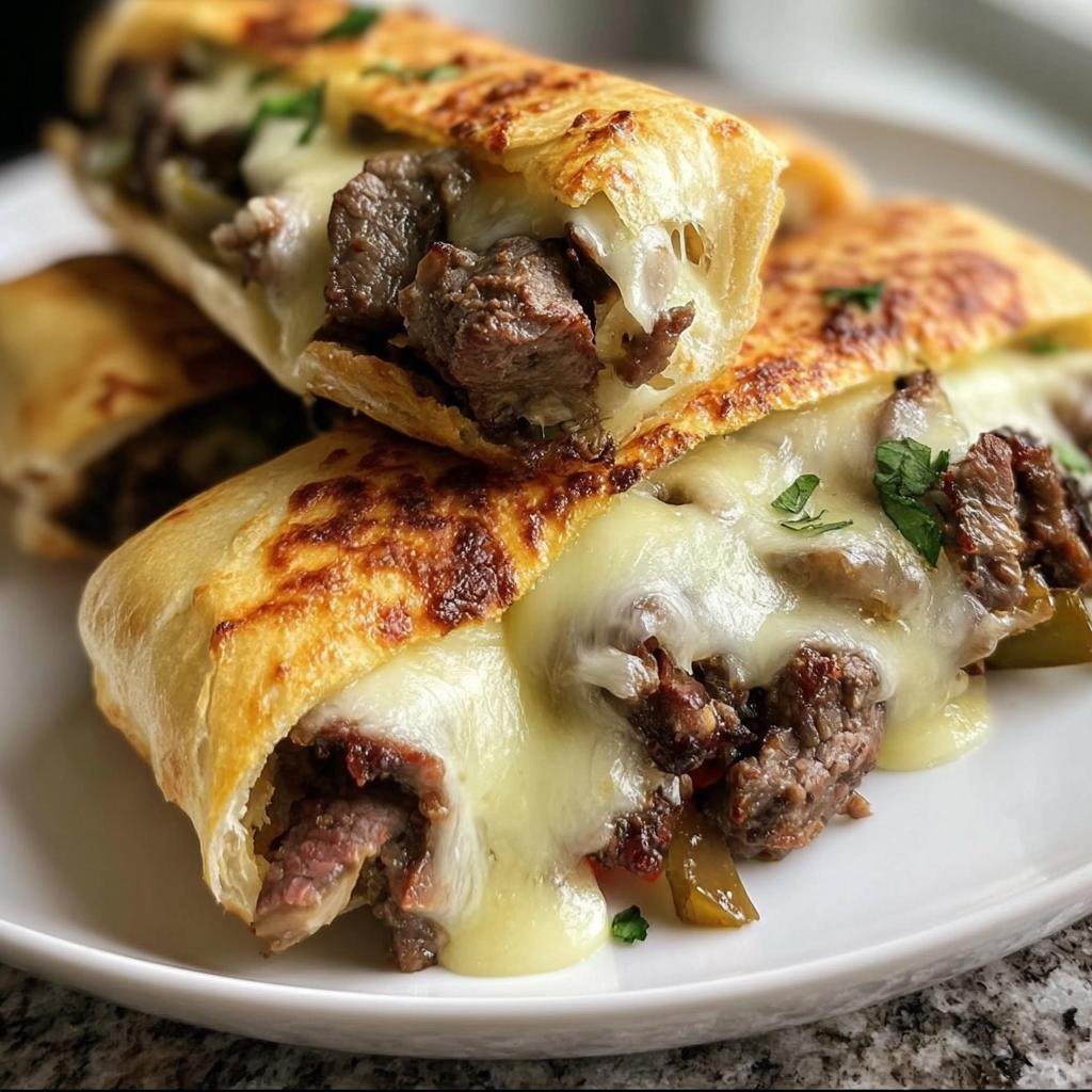 Two Keto Philly Cheesesteak Rolls stacked on a white plate, filled with steak and melted cheese.