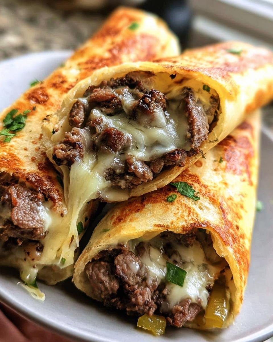 Close-up of Keto Philly Cheesesteak Rolls filled with steak and melted cheese, garnished with parsley.
