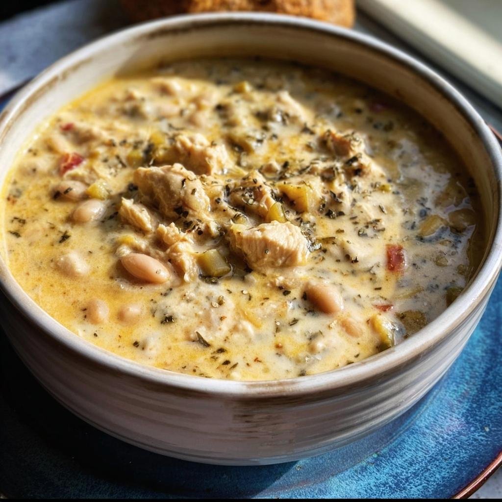A bowl of creamy killer white chili with chicken, beans, and herbs, ready to eat.