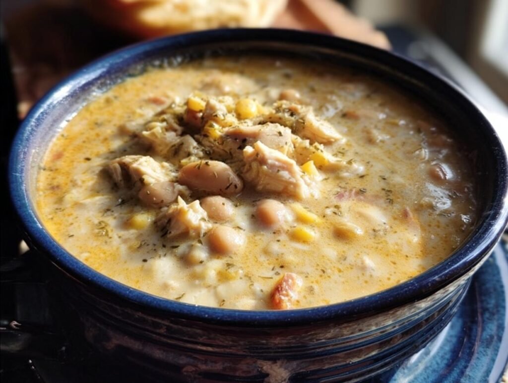 A bowl of creamy killer white chili with chicken, beans, and corn, garnished with herbs.