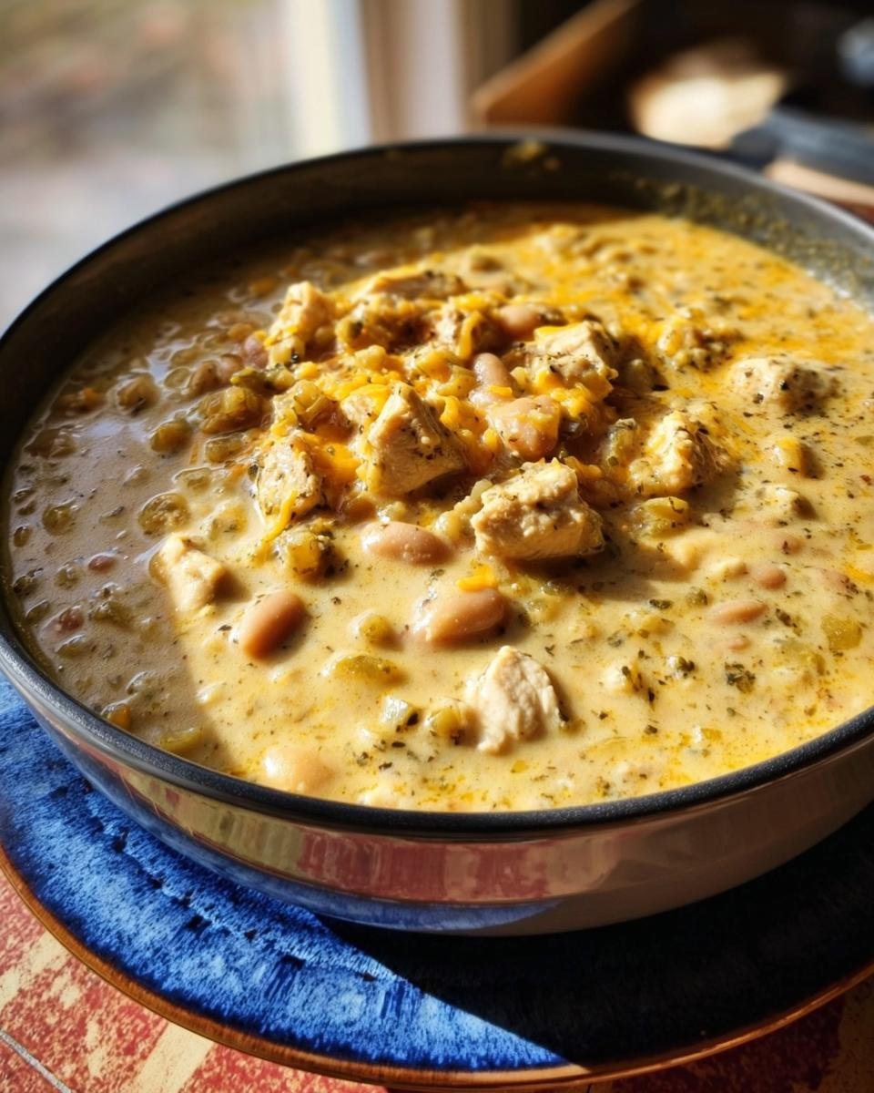 A bowl of creamy killer white chili with chicken, beans, and green chiles, topped with shredded cheese.