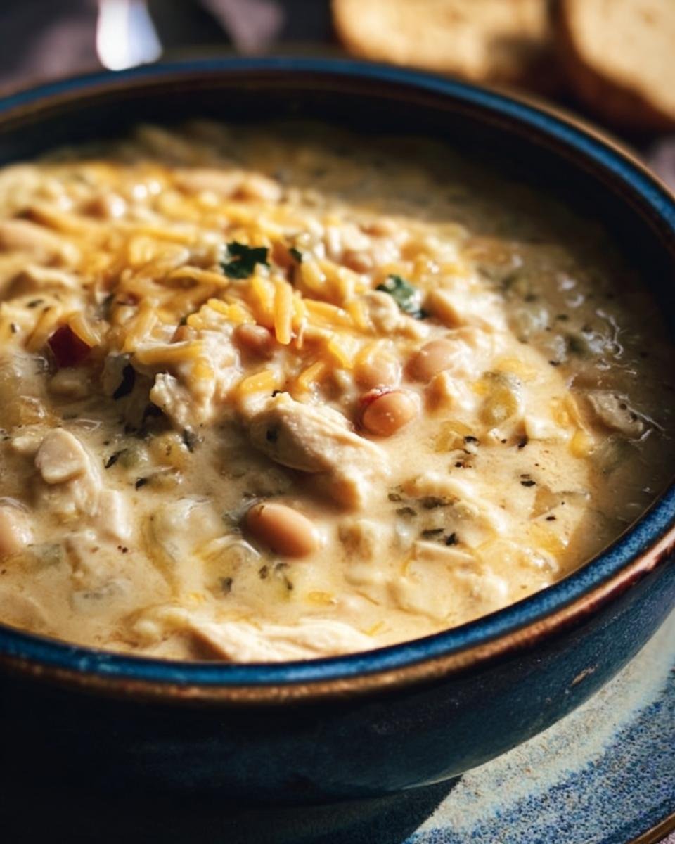 A bowl of creamy killer white chili topped with shredded cheese, featuring chicken and white beans.