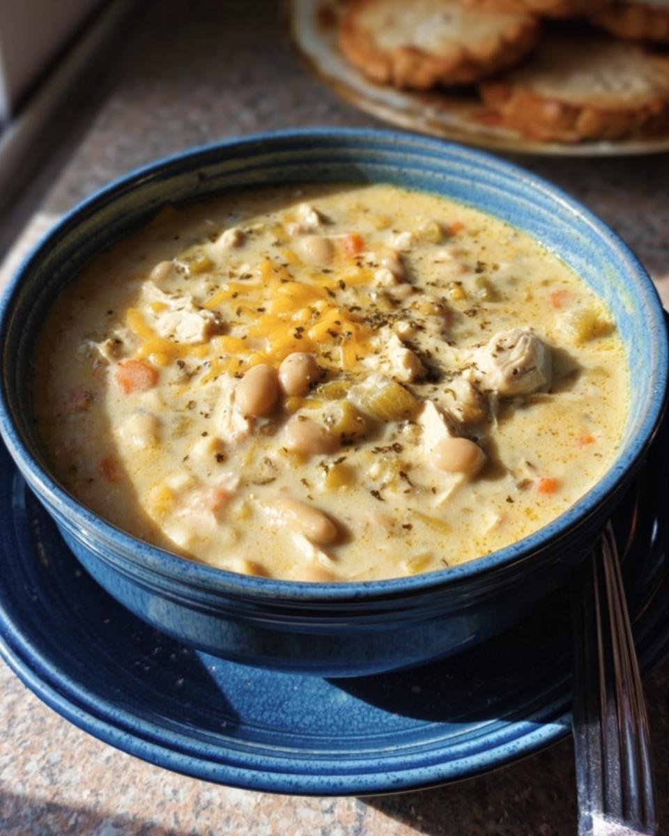 A bowl of creamy killer white chili with chicken, beans, and cheese, garnished with herbs.