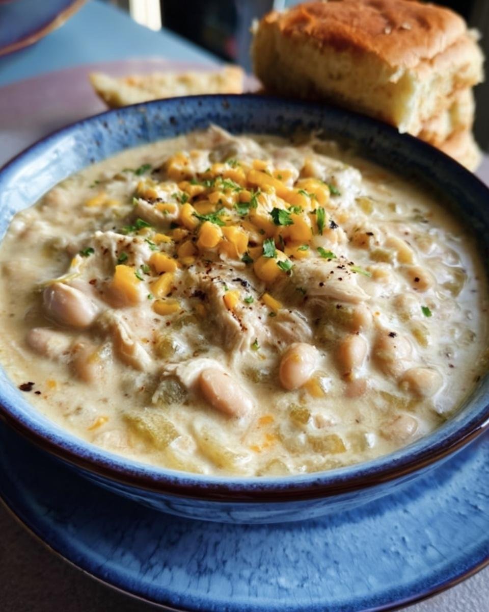 A bowl of creamy killer white chili, topped with corn and herbs, served with bread on the side.