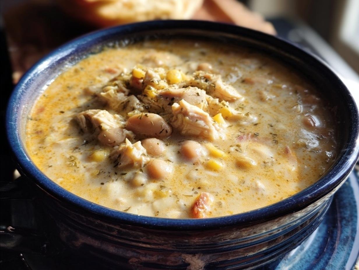 A bowl of creamy killer white chili with chicken, beans, and corn, garnished with herbs.