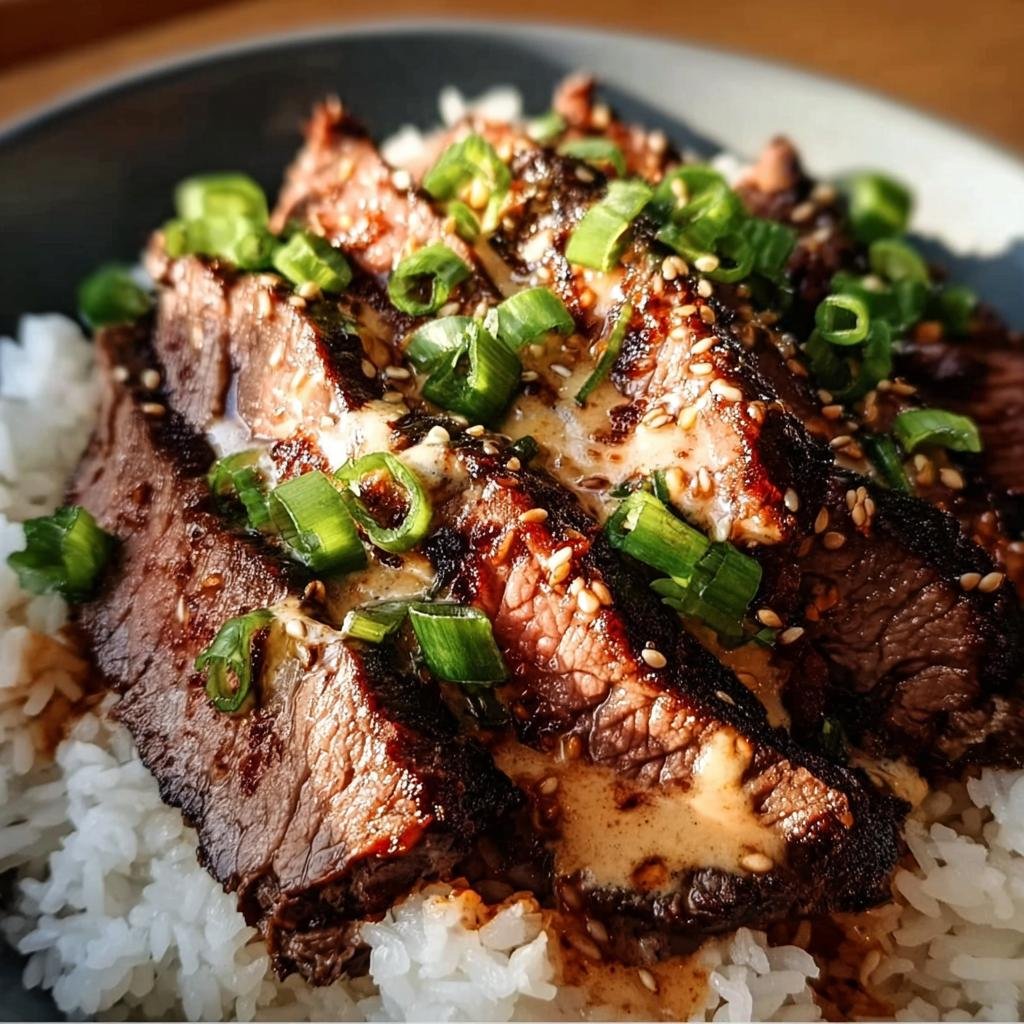 Close-up of Korean BBQ Steak Rice bowl topped with green onions and sesame seeds.
