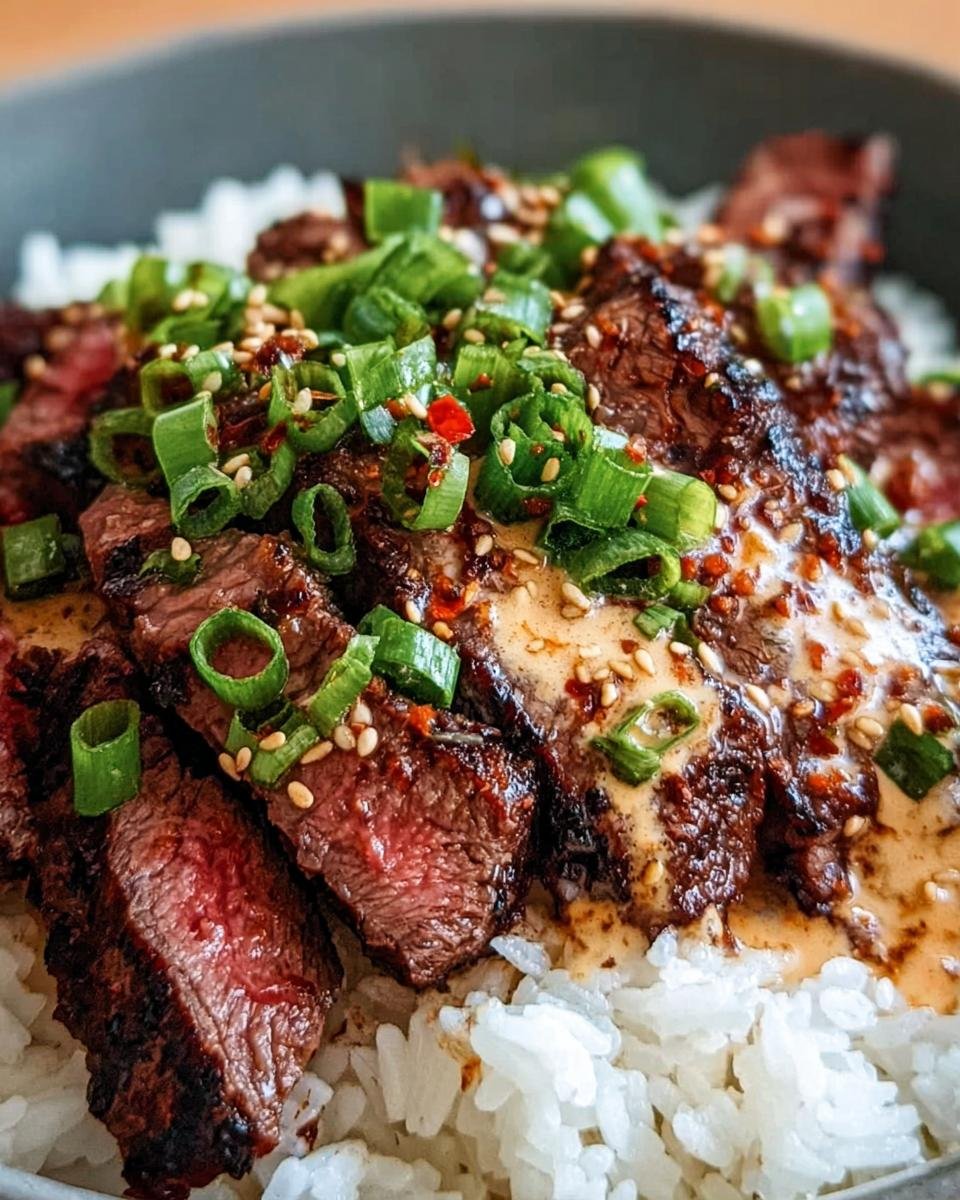 A close-up of Korean BBQ Steak Rice bowl, featuring sliced steak, rice, green onions, sesame seeds, and sauce.