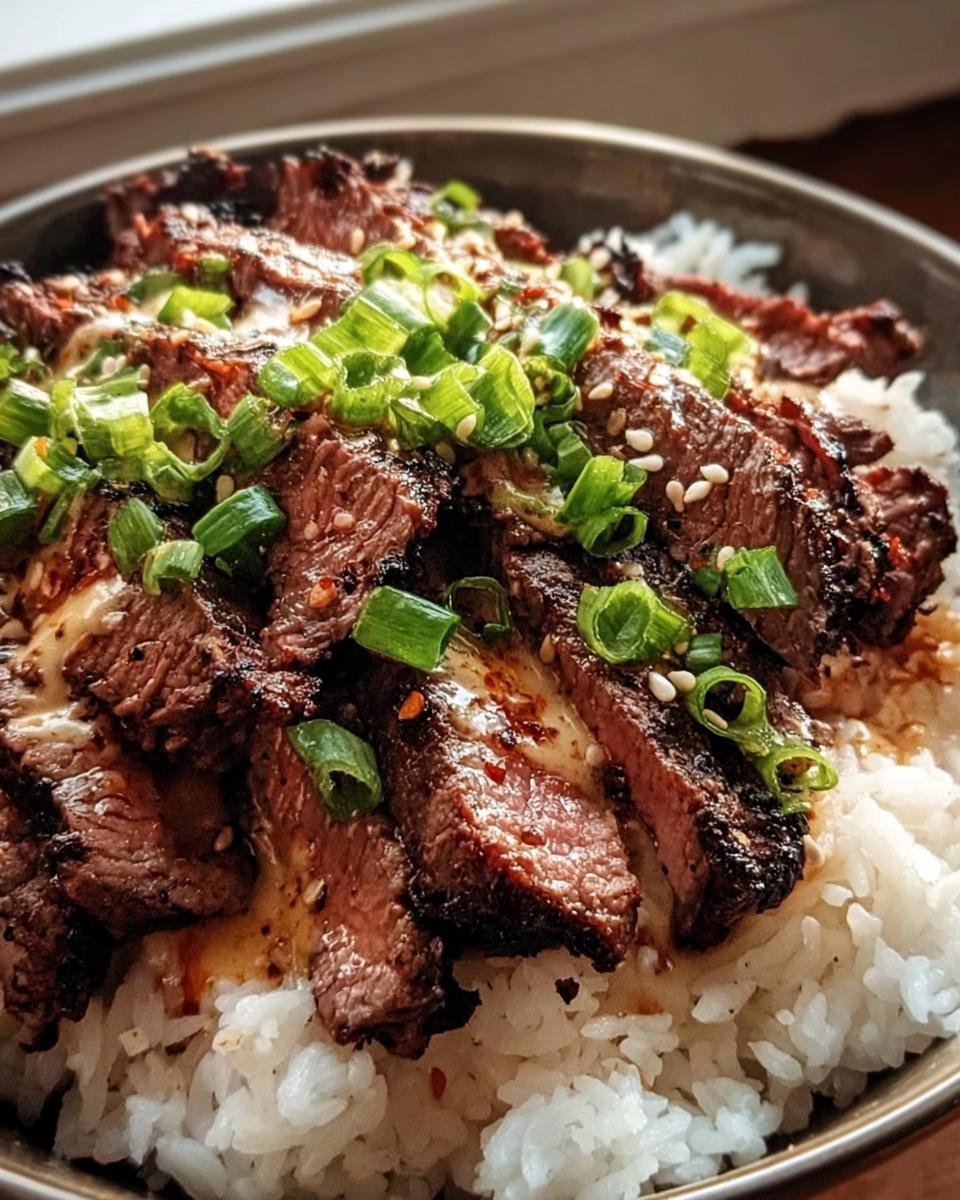 Close-up of Korean BBQ Steak Rice bowl, featuring sliced steak, rice, green onions, and sesame seeds.
