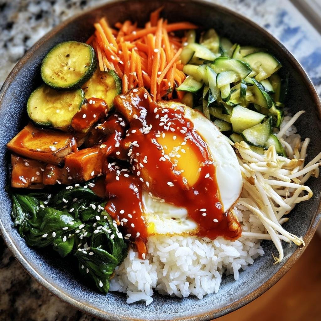 Overhead shot of a Korean Veggie Bibimbap Bowl with rice, vegetables, tofu, egg, and gochujang sauce.