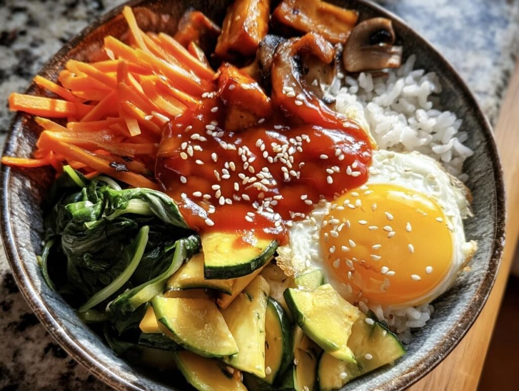 A vibrant Korean Veggie Bibimbap Bowl with rice, vegetables, fried egg, and gochujang sauce.