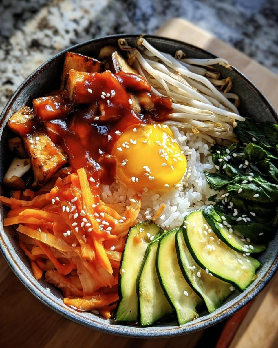 Overhead shot of a Korean Veggie Bibimbap Bowl with tofu, vegetables, rice, and a raw egg yolk.