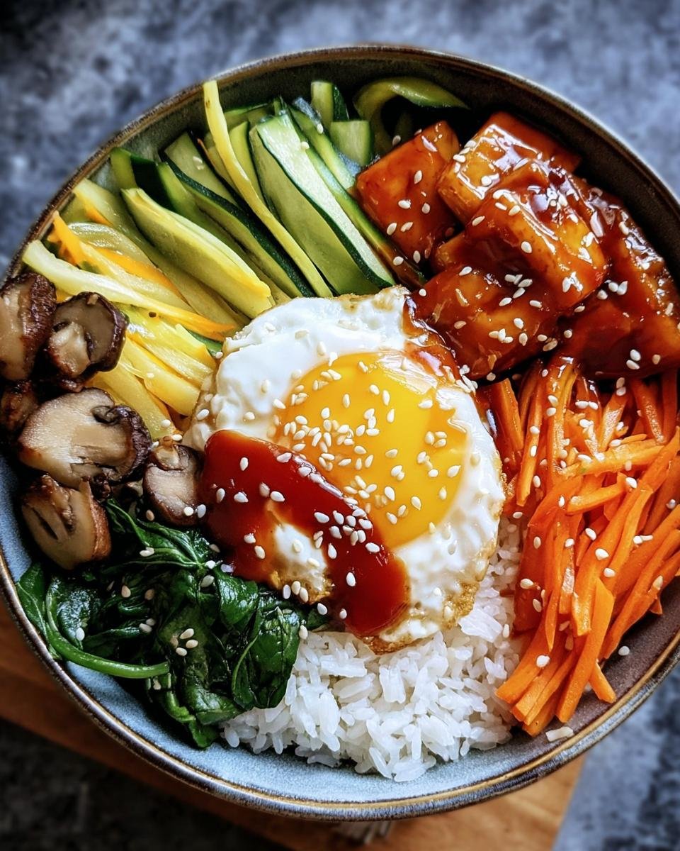 Overhead shot of a Korean Veggie Bibimbap Bowl with rice, vegetables, tofu, fried egg, and gochujang sauce.