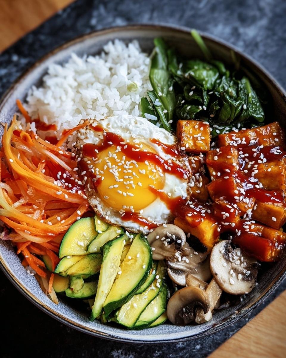 Overhead shot of a Korean Veggie Bibimbap Bowl featuring rice, fried egg, tofu, carrots, zucchini, spinach, and mushrooms.