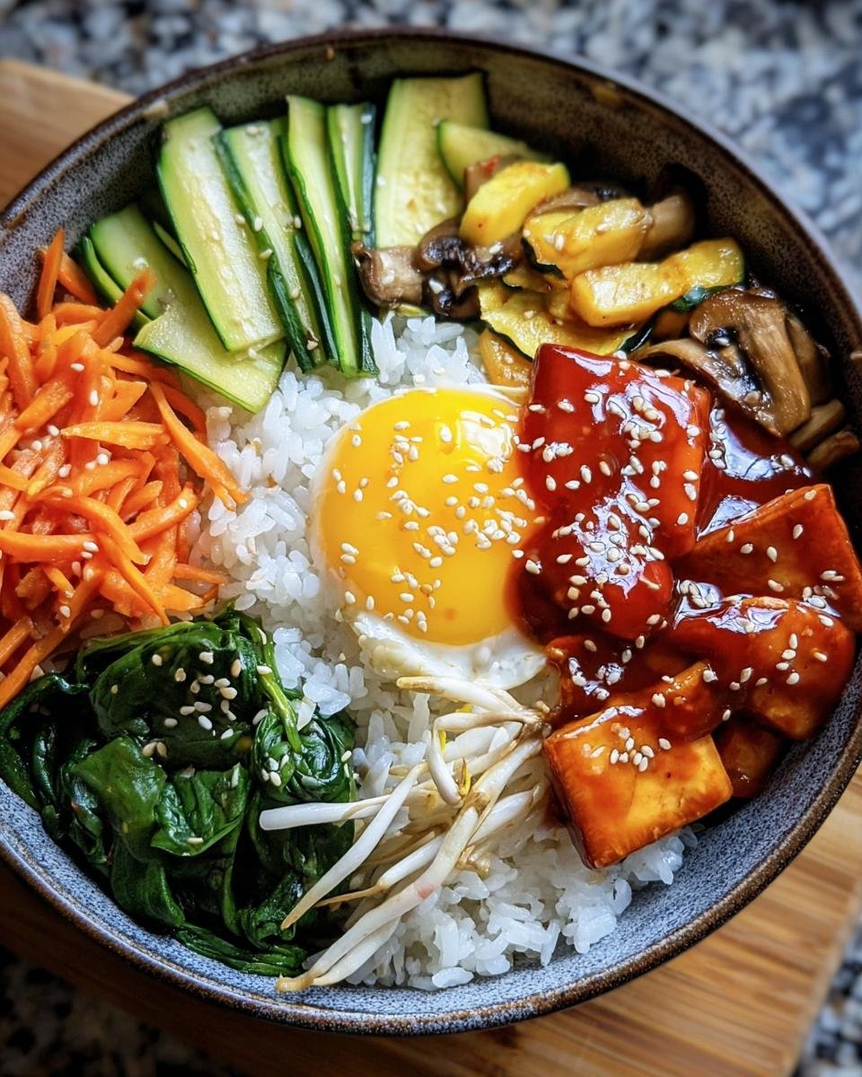 Overhead shot of a Korean Veggie Bibimbap Bowl with rice, vegetables, tofu, egg, and sauce.