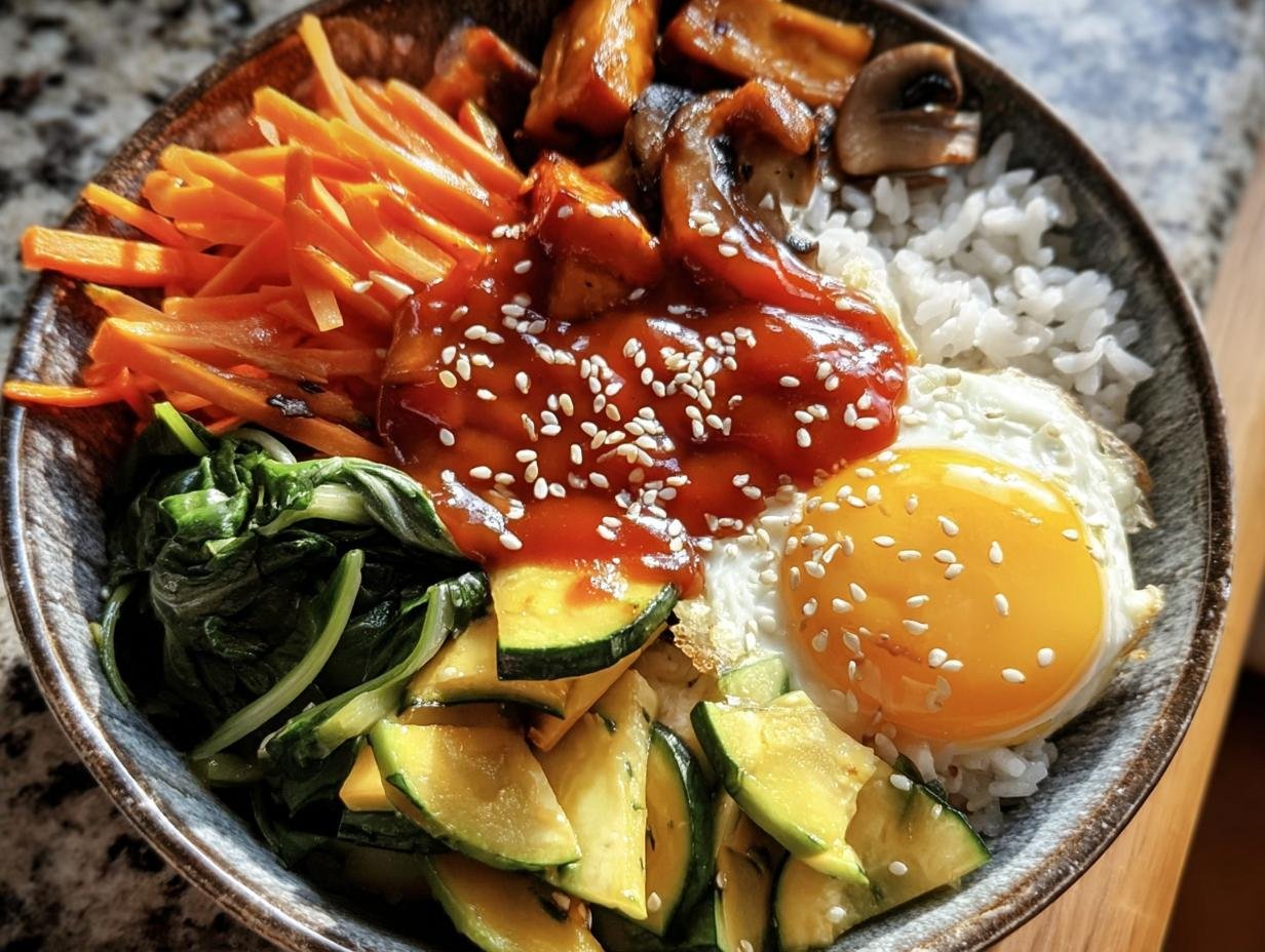 A vibrant Korean Veggie Bibimbap Bowl with rice, vegetables, fried egg, and gochujang sauce.