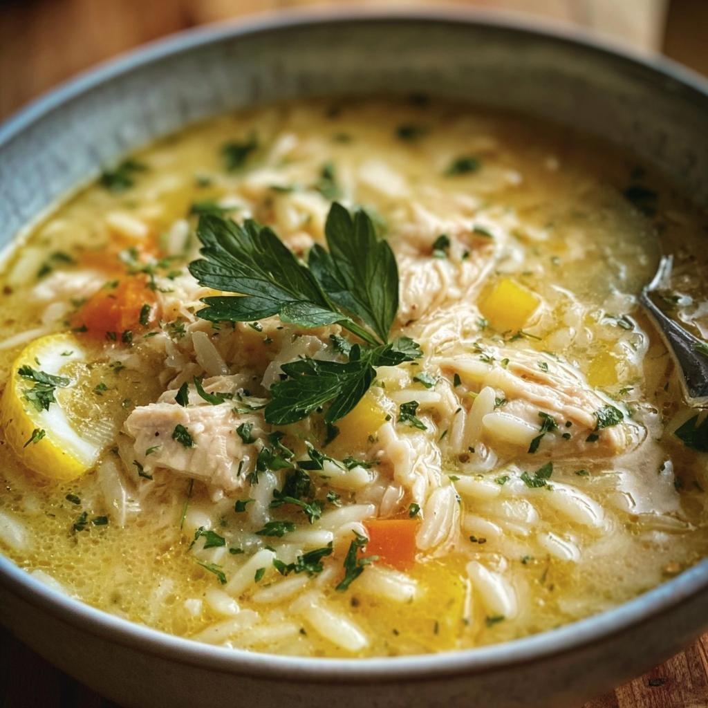 A bowl of Lemon Chicken Soup with rice, vegetables, chicken, and a lemon slice, garnished with parsley.
