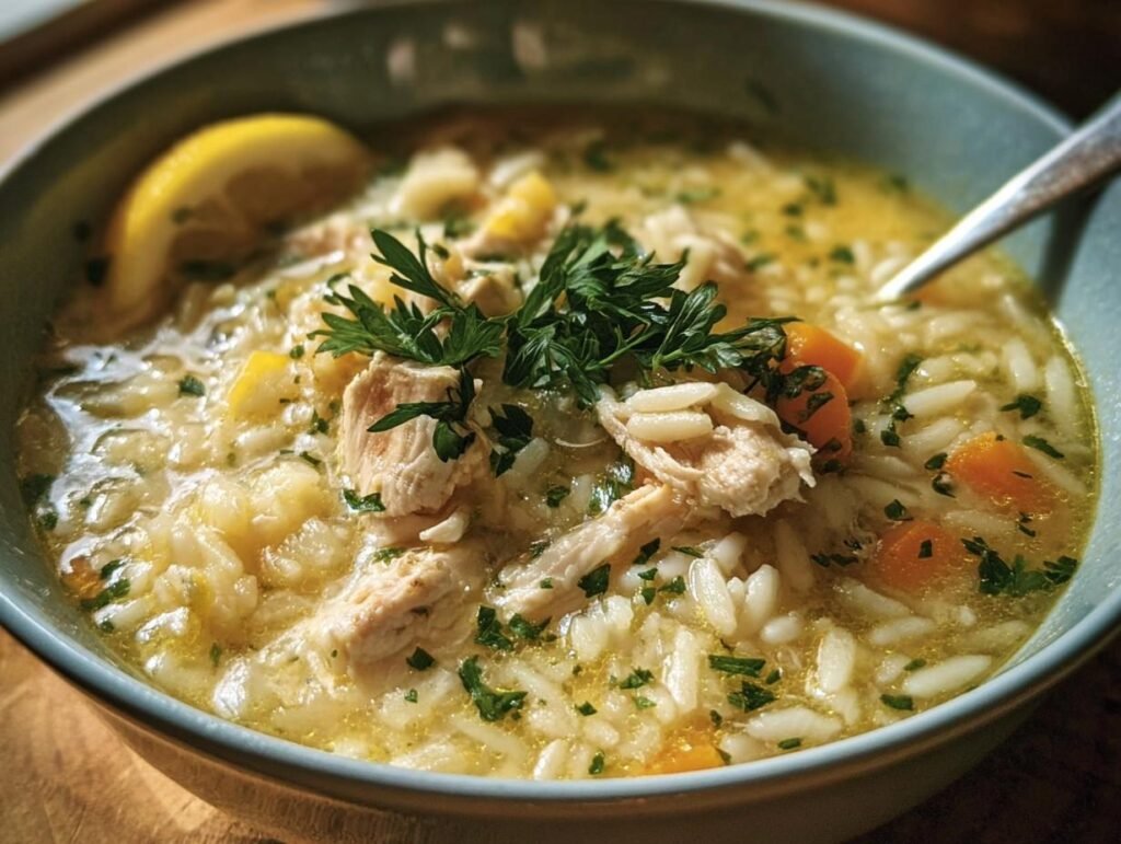Close-up of a bowl of Lemon Chicken Soup with rice, carrots, chicken, lemon, and parsley.