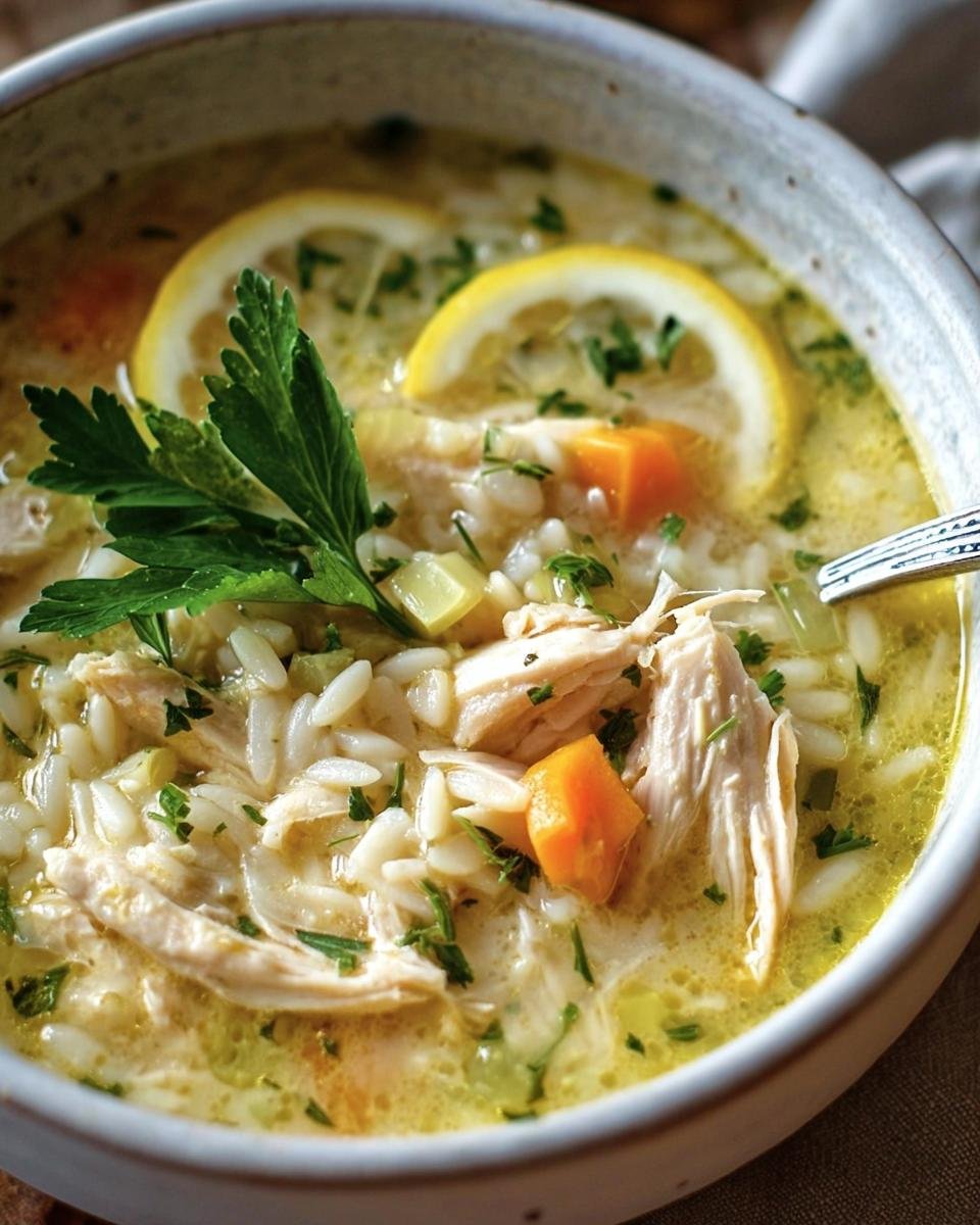 Close-up of a bowl of Lemon Chicken Soup with rice, carrots, lemon slices, and fresh parsley garnish.