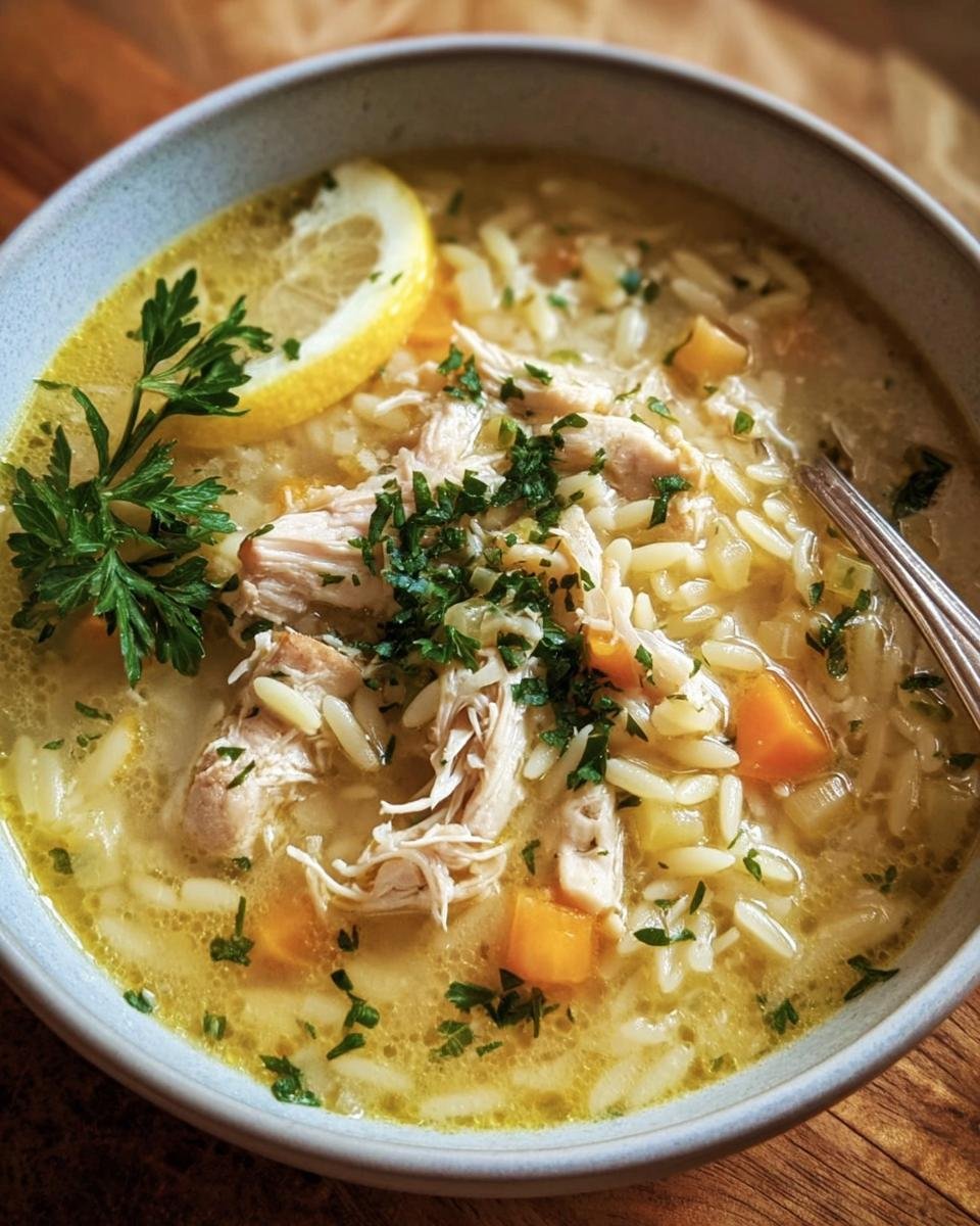 Overhead shot of a bowl of Lemon Chicken Soup with rice, vegetables, chicken, parsley and a lemon slice.