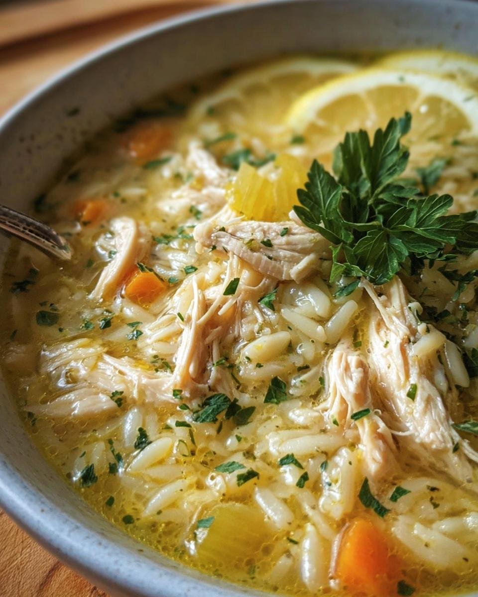 A comforting bowl of Lemon Chicken Soup with shredded chicken, orzo pasta, and fresh lemon slices.