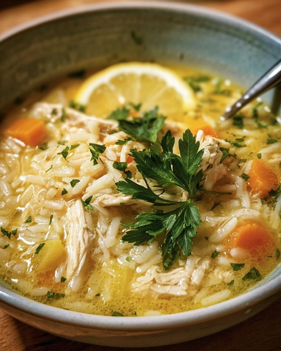 Close-up of a bowl of Lemon Chicken Soup with rice, carrots, parsley, and a lemon slice.