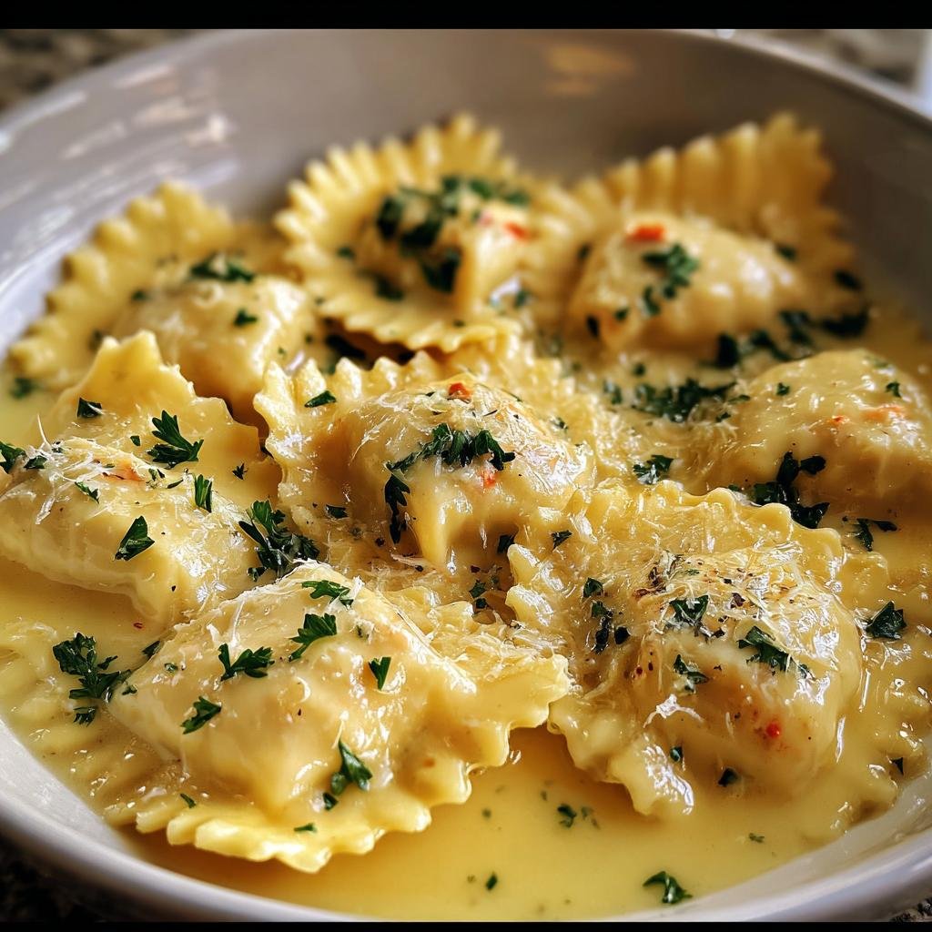 Bowl of Lobster Ravioli in Butter Sauce, garnished with parsley and parmesan cheese.