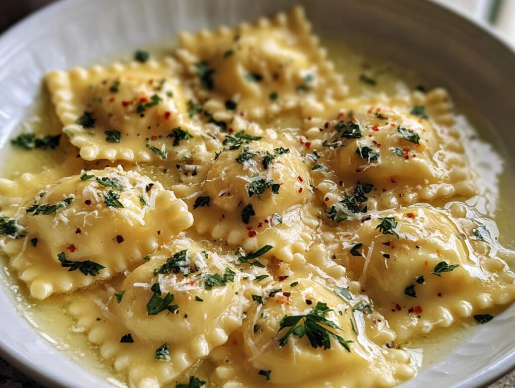 Close-up of Lobster Ravioli in Butter Sauce, garnished with parsley and parmesan cheese.