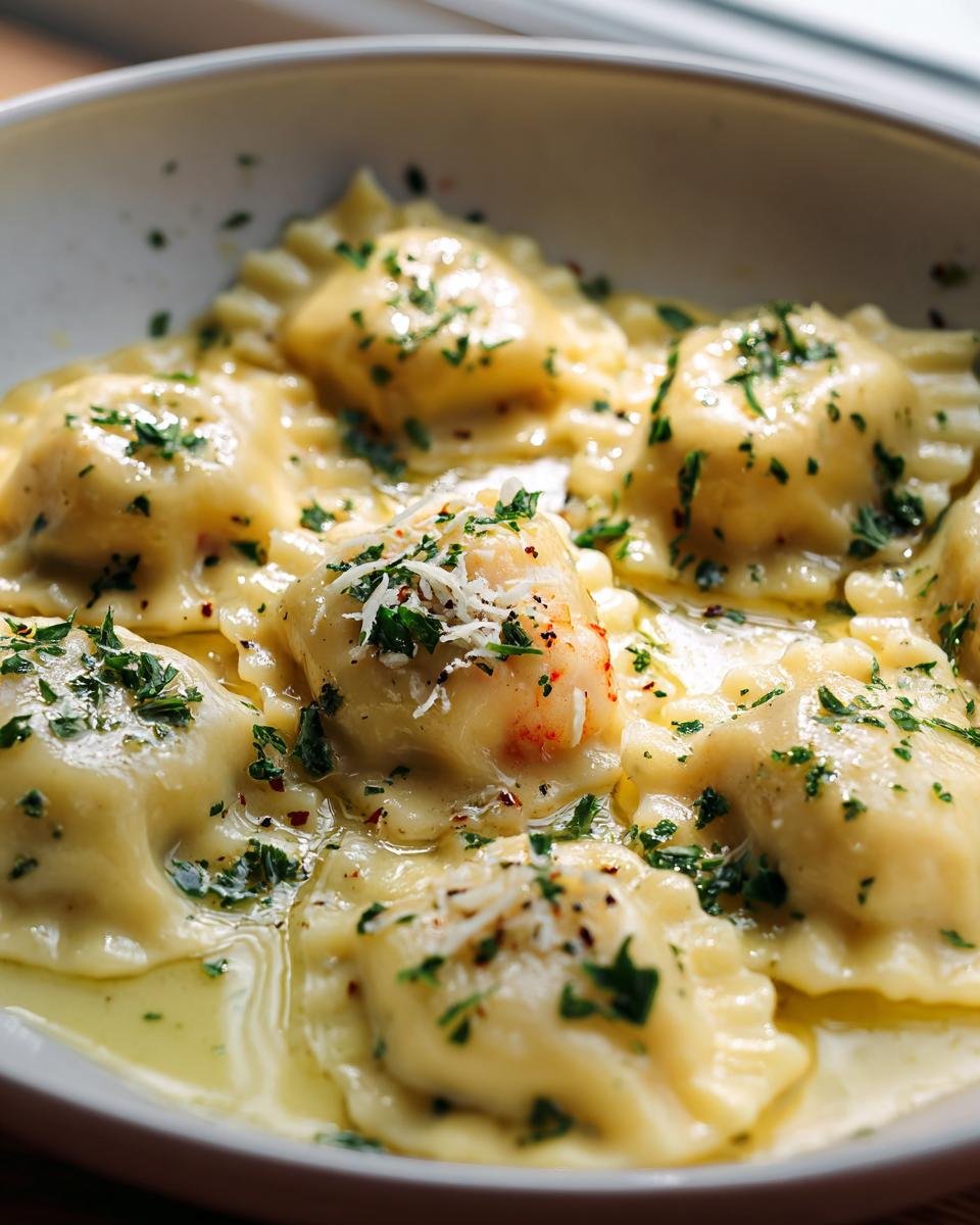 Close-up of Lobster Ravioli in Butter Sauce, garnished with parsley and parmesan cheese.