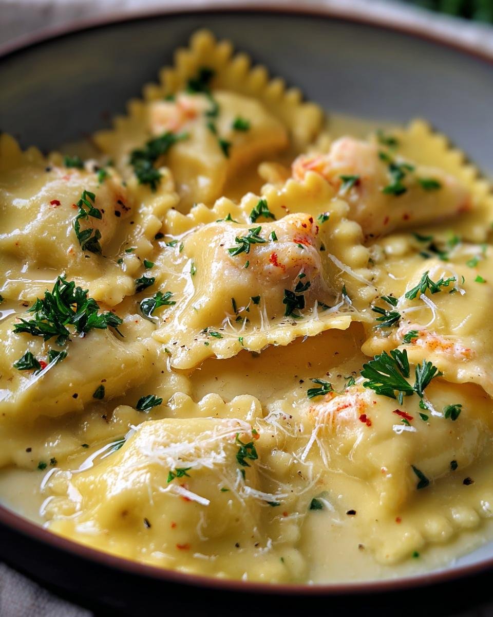 A close-up of Lobster Ravioli in Butter Sauce, garnished with parsley and parmesan cheese.