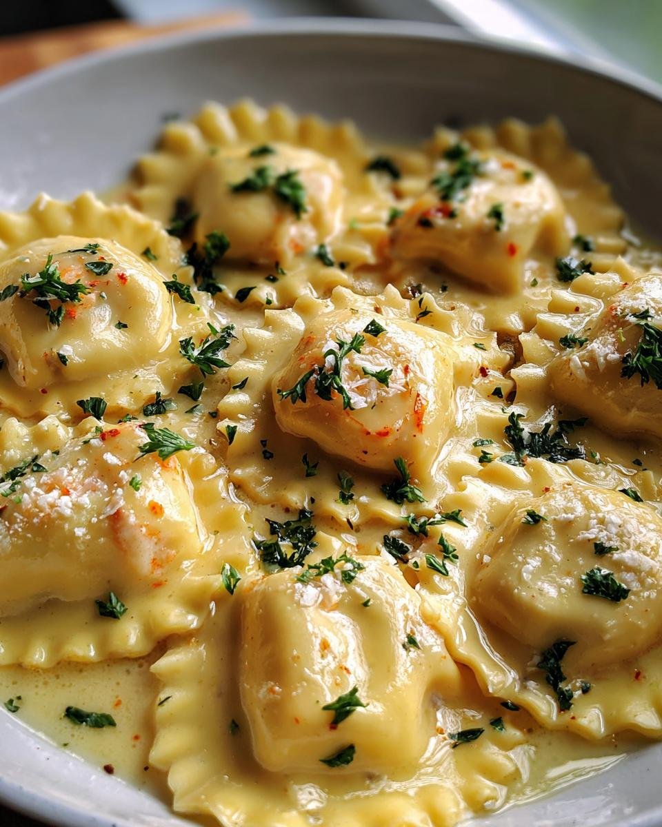 A close-up of Lobster Ravioli in Butter Sauce, garnished with parsley and parmesan cheese.