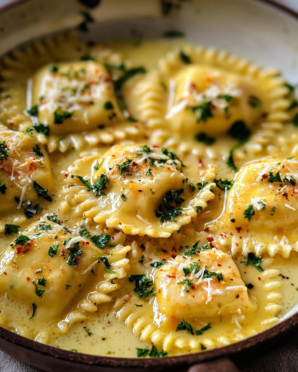 Close-up of Lobster Ravioli in Butter Sauce, garnished with parsley and parmesan.