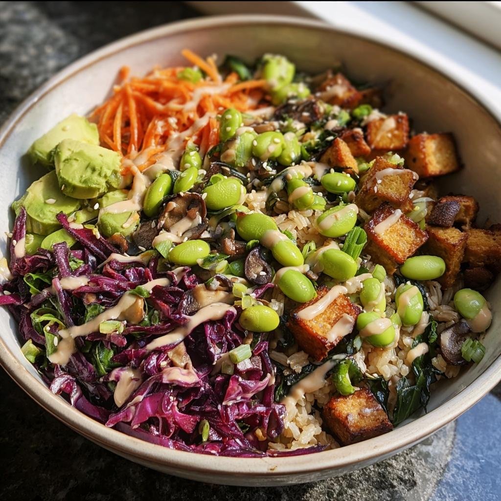 A vibrant Longevity Miso Bowl filled with tofu, avocado, edamame, red cabbage, carrots, and a creamy miso dressing.