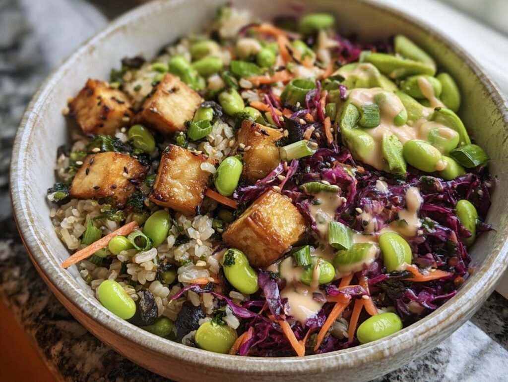 Close-up of a vibrant Longevity Miso Bowl with tofu, edamame, rice, cabbage, and a creamy sauce.