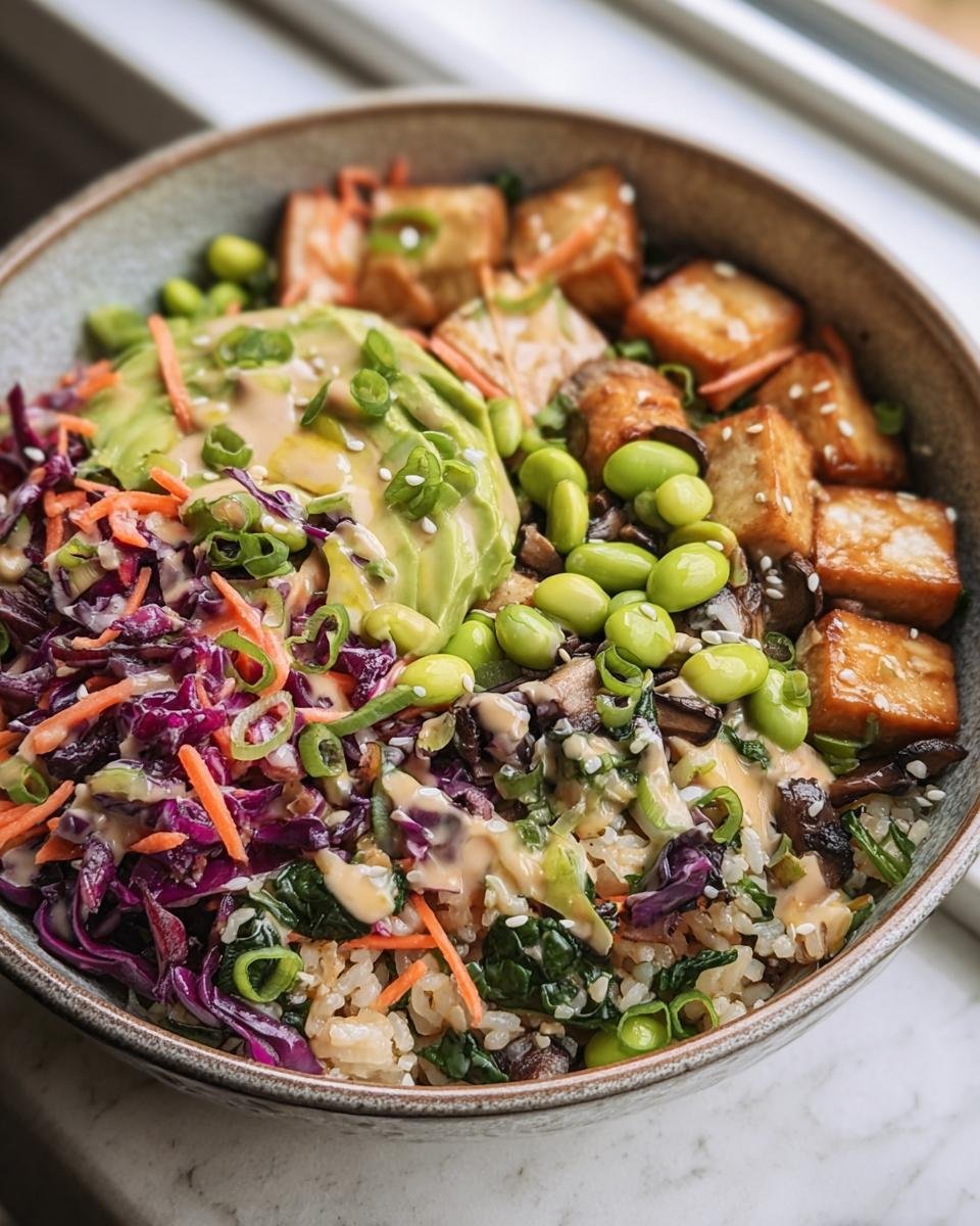 Overhead shot of a vibrant Longevity Miso Bowl with tofu, avocado, edamame, and colorful vegetables.