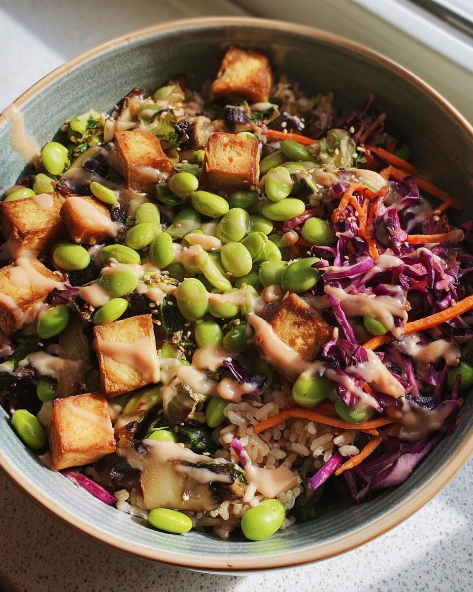 A vibrant Longevity Miso Bowl filled with tofu, edamame, rice, and colorful vegetables, drizzled with miso dressing.