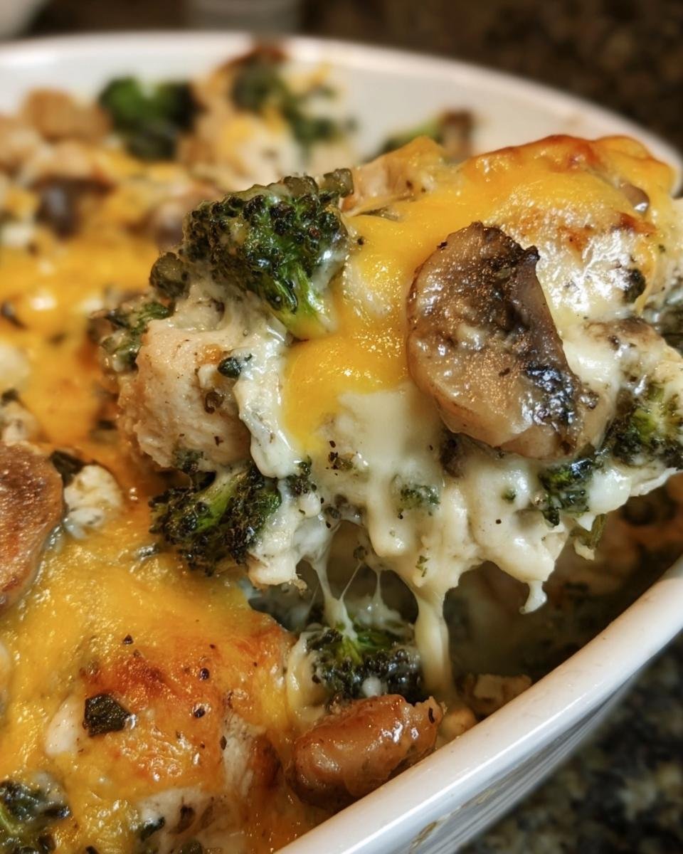 Close-up of a cheesy low-carb oven dish featuring broccoli, mushrooms, and melted cheese.