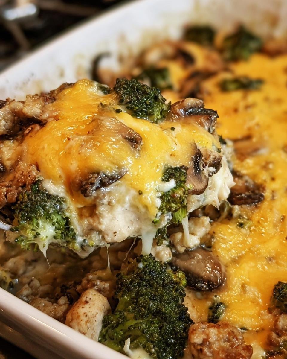 Close-up of a cheesy low-carb oven dish featuring broccoli, mushrooms, and a melted cheese topping.