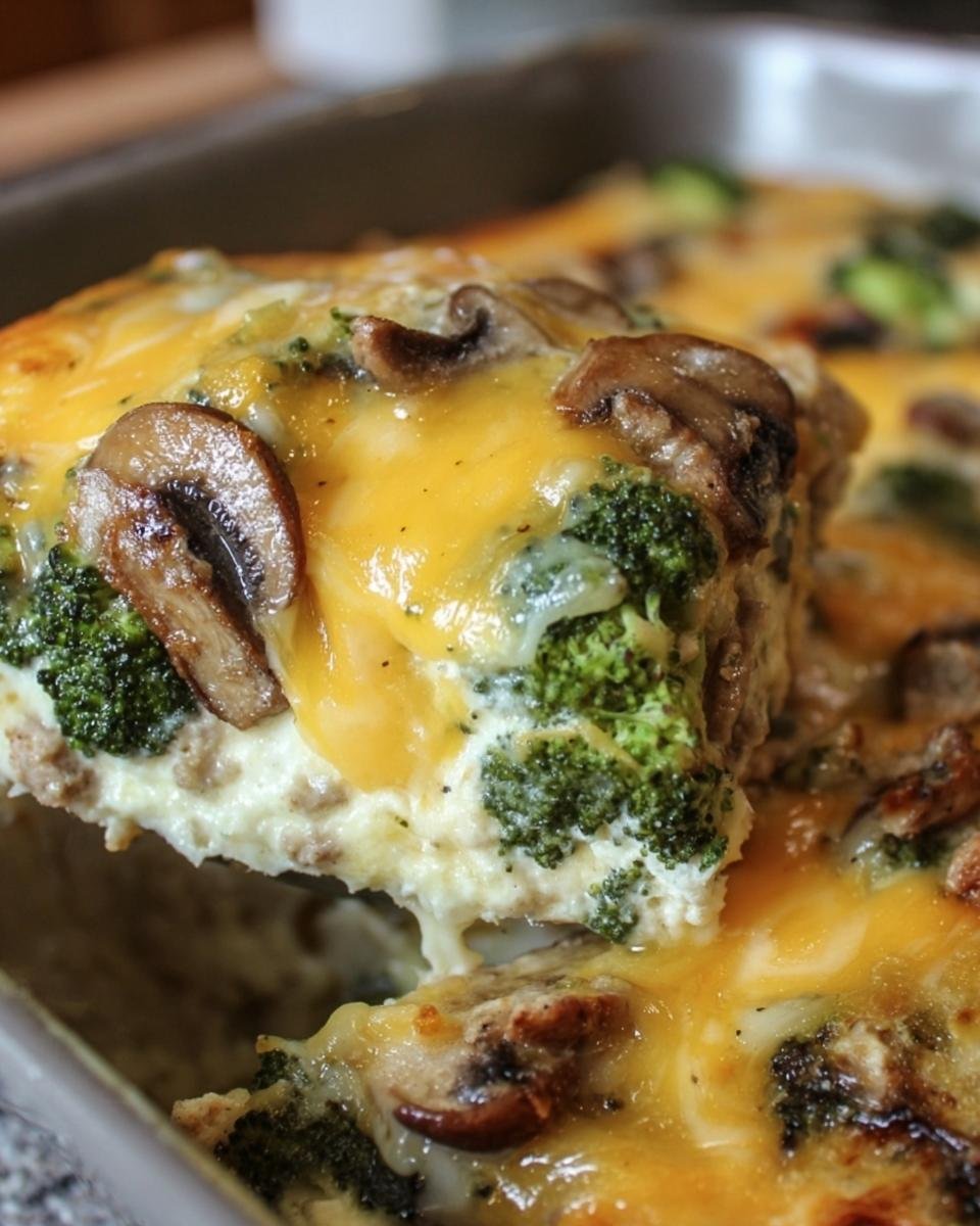 Close-up of a slice of Low-Carb Oven Dish with broccoli, mushrooms, and melted cheese.
