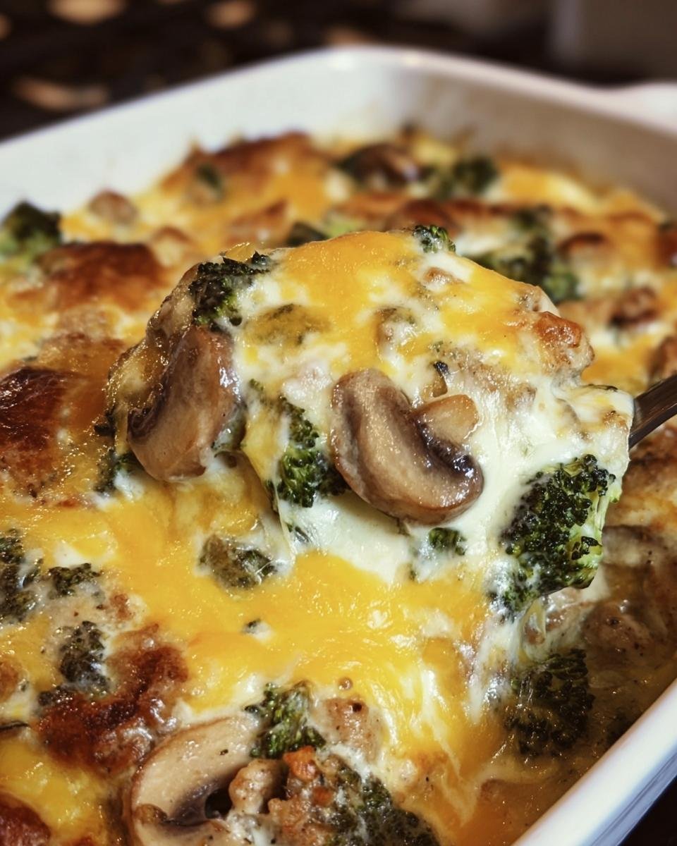 Spoonful of cheesy Low-Carb Oven Dish with broccoli and mushrooms, ready to be served.