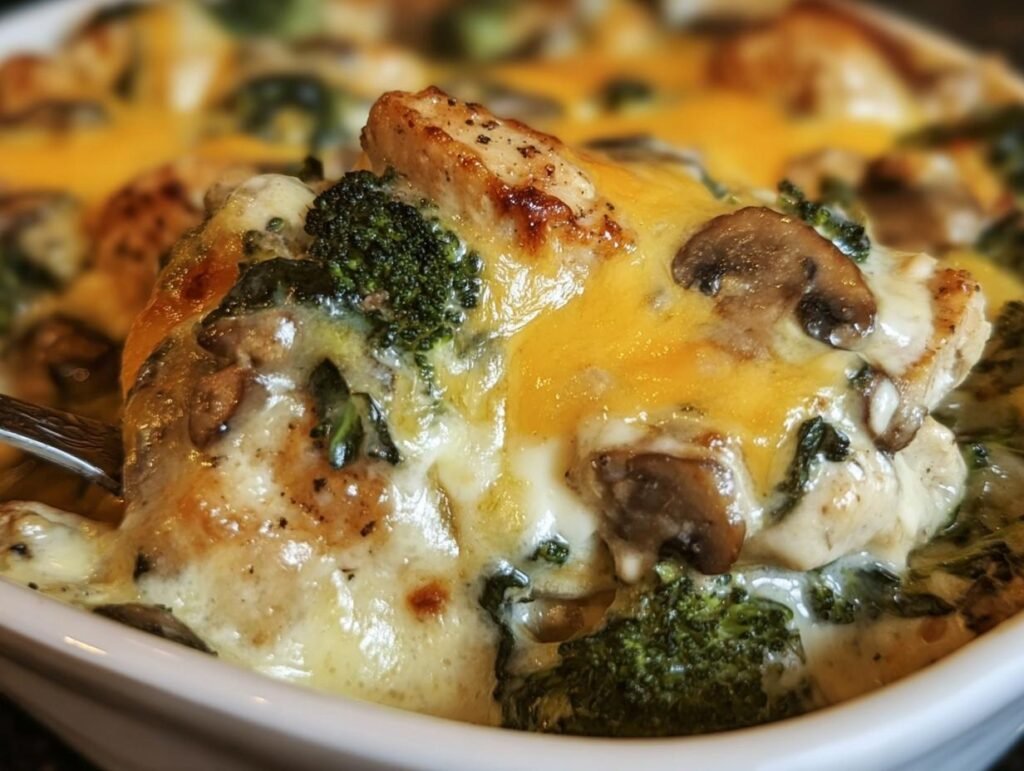 Close-up of a delicious Low-Carb Oven Dish Recipe featuring chicken, broccoli, mushrooms, and a melted cheese topping.
