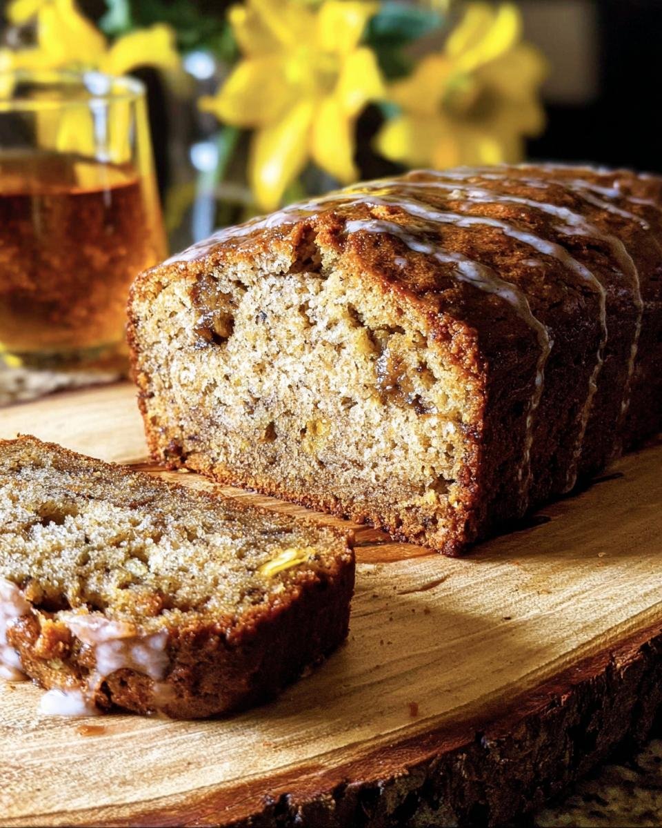 A loaf of Maple-Bourbon Banana Bread with a slice cut, drizzled with glaze, on a wooden board.