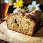 A delicious loaf of Maple-Bourbon Banana Bread, sliced and glazed, sits on a wooden board.