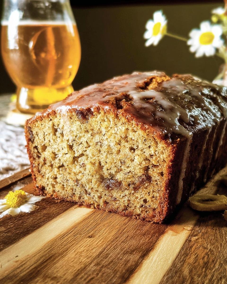 A loaf of Maple-Bourbon Banana Bread with icing, sitting on a wooden board with a beer and daisies in the background.